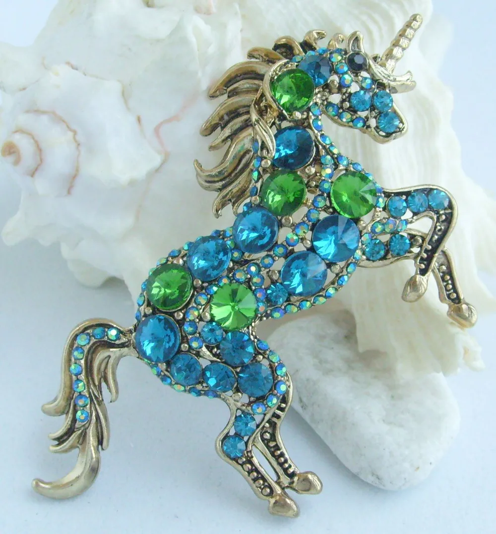 Unique Animal Unicorn Horse Brooch Pin Blue Green Rhinestone Crystal Pendant EE06172C2 | Украшения и аксессуары