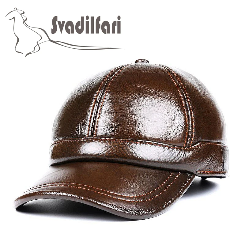 Svadilfari, новинка, Осень-зима, настоящая воловья кожа, шапка для мужчин и женщин, натуральная кожа, бейсбольная кепка, для улицы, теплая, защита для ушей, для папы и мамы - Цвет: Dark brown