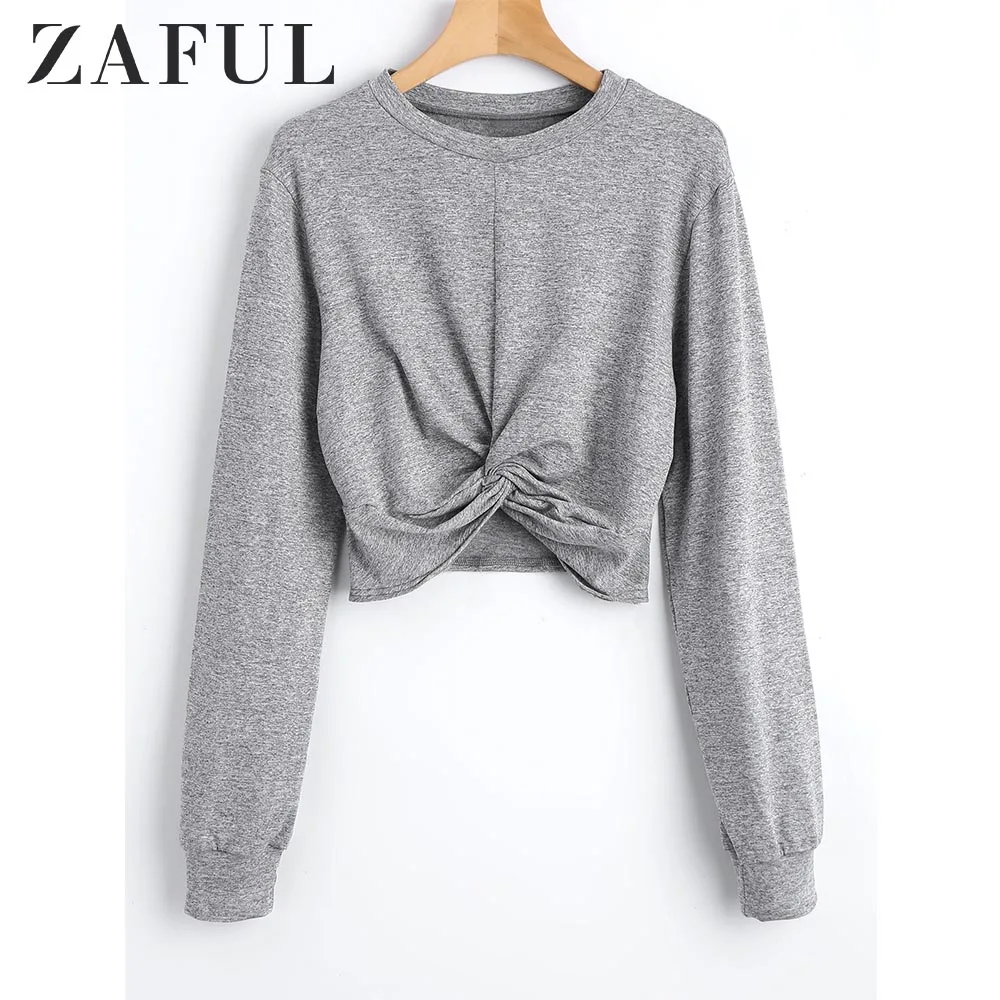 ZAFUL твист Heathered Укороченный свитшот Kpop для женщин укороченный топ толстовки