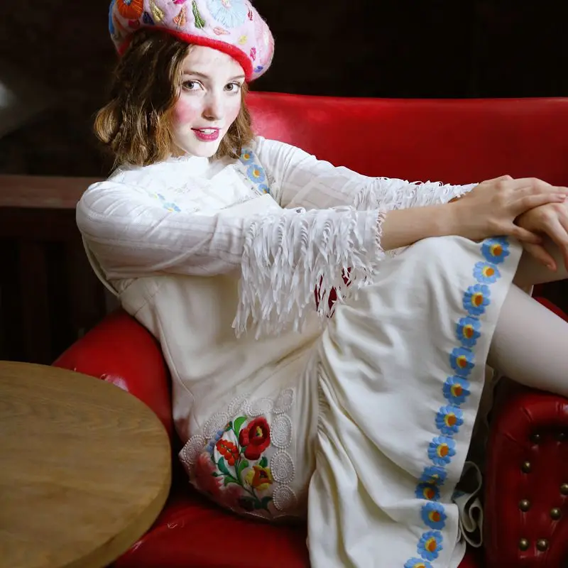 Женское тонкое шерстяное винтажное платье с вышивкой на подтяжках|lynette's