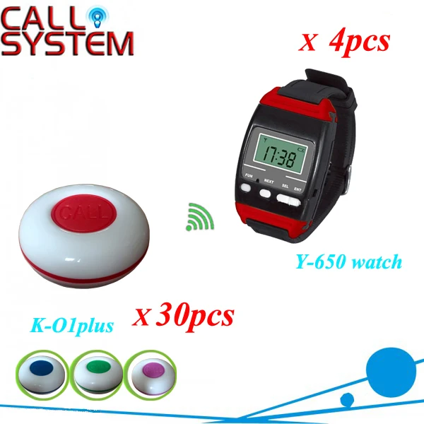 

CE Wireelss Restaurant Waiter Calling System 30 table call button and 4 watch pager y-650 433mhz free shipping