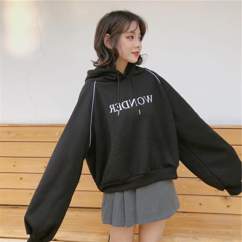 Женские толстовки Ulzzang плюс бархатные элегантные свободные с длинным рукавом Kawaii корейский стиль хлопок с буквенным принтом женские толстовки s