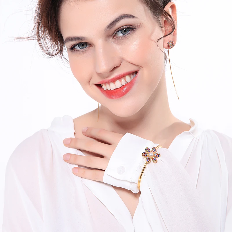 Kiss ME Delicate Seven Color Zircon Flower Open Round Bangle Adjustable Women For Female Gift Accessories | Украшения и