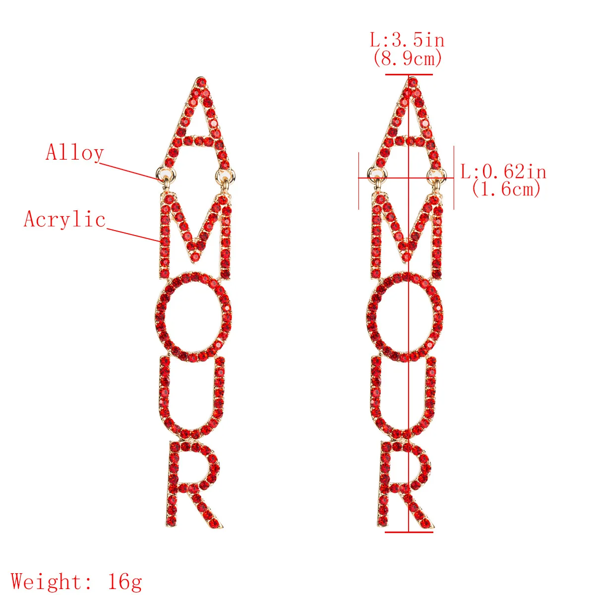 Ins преувеличенные красные романтические серьги с французскими буквами AMOUR Femme Love свадебные серьги подарок полностью из страз