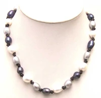 sale big 10 11mm white and black and gray rice natural freshwater pearl necklace 17 with genuine leather 5896