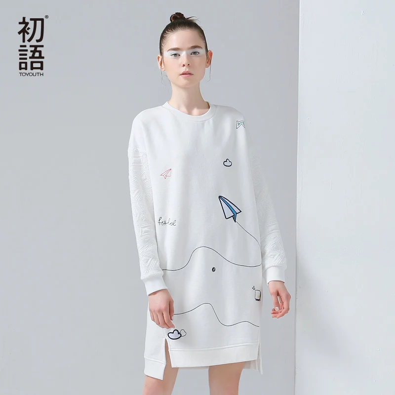 Toyouth осень зима Забавный мультфильм Вышивка женские платья синий повседневное с
