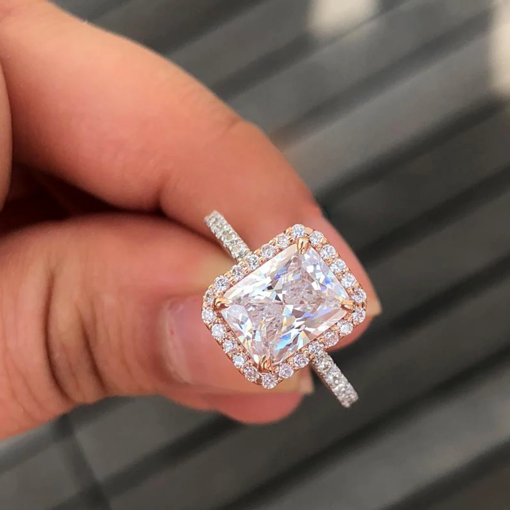 Solid 14k White Gold 2ct 4ct DF Moissanite Radiant Cut Moissanite Halo Stone Engagement Ring For Women