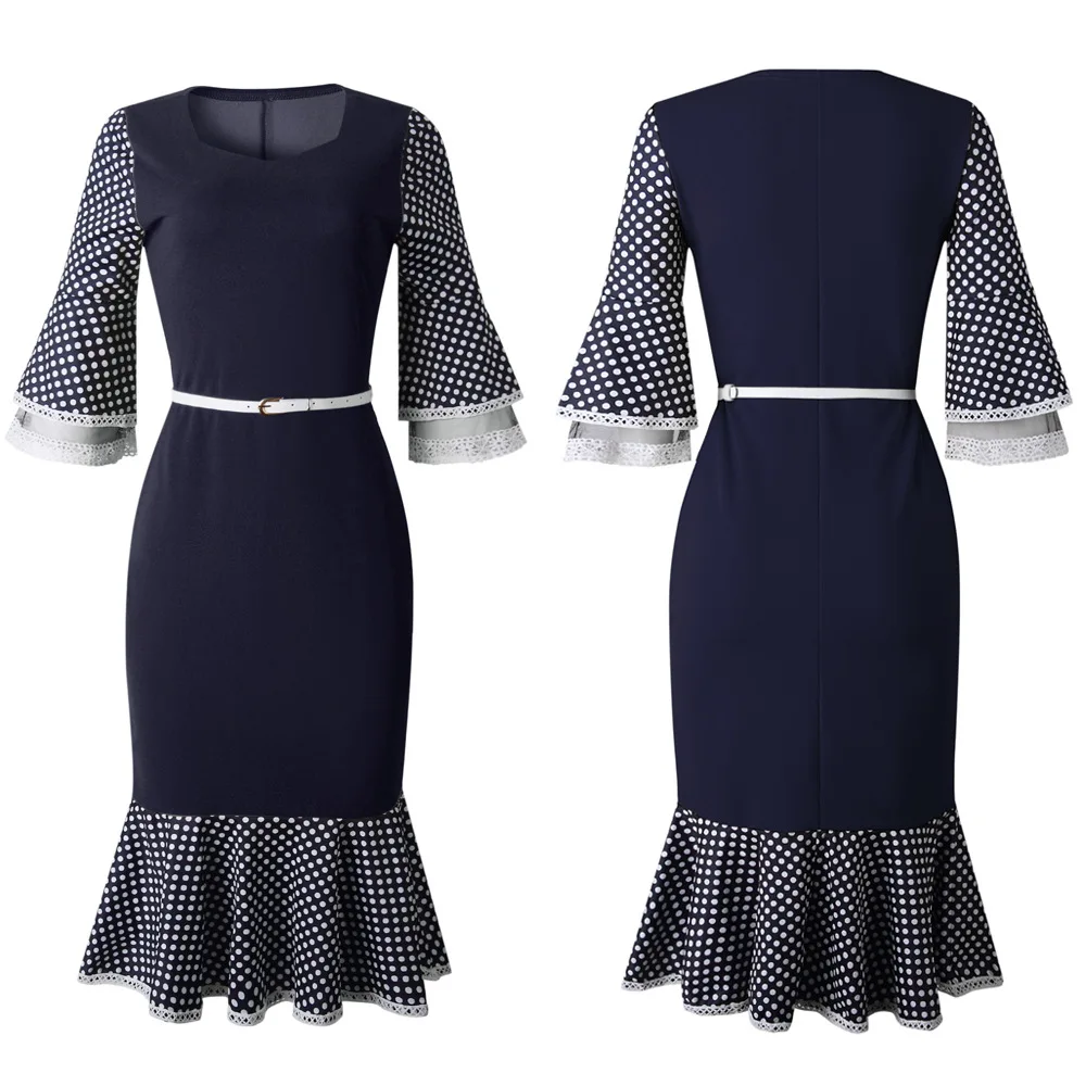 Женское платье скромное тонкое лоскутное с поясом на талии в горошек