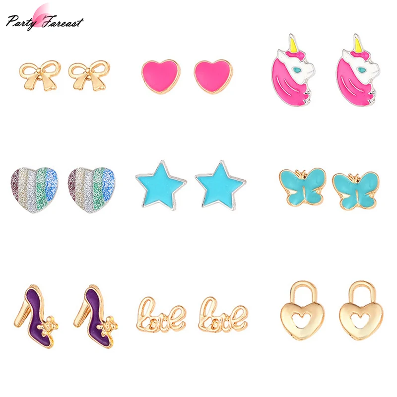 9 пар/компл. Красочные Единорог Сердце Серьги Симпатичные конфеты капли масла