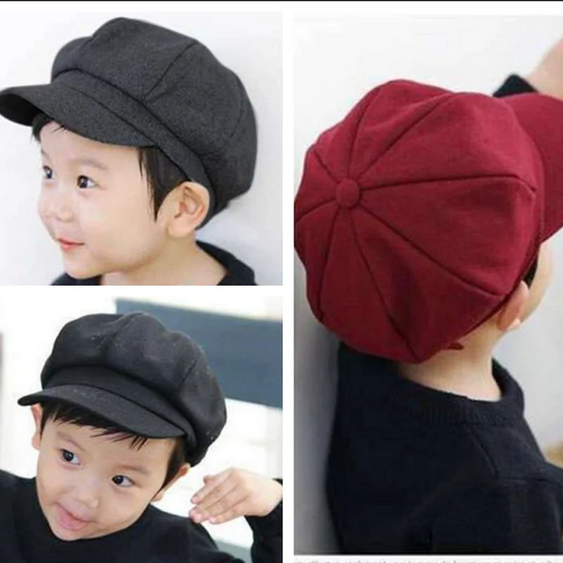 Модный осенне-зимний Корейский детский берет одноцветная восьмиугольная кепка