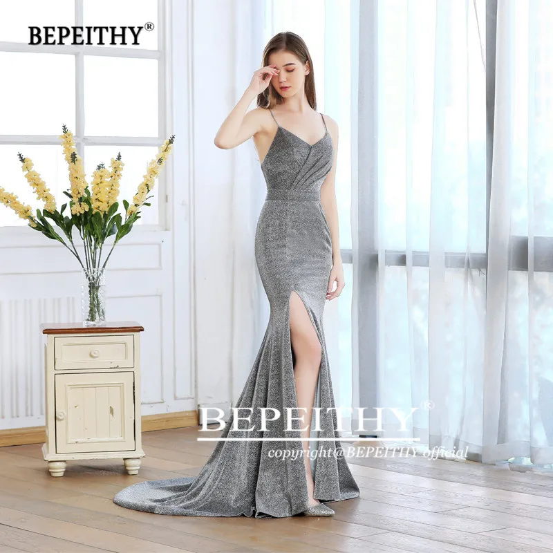 Vestido De Festa Longo Русалка Длинные платья для выпускного вечера с разрезом Серебристая