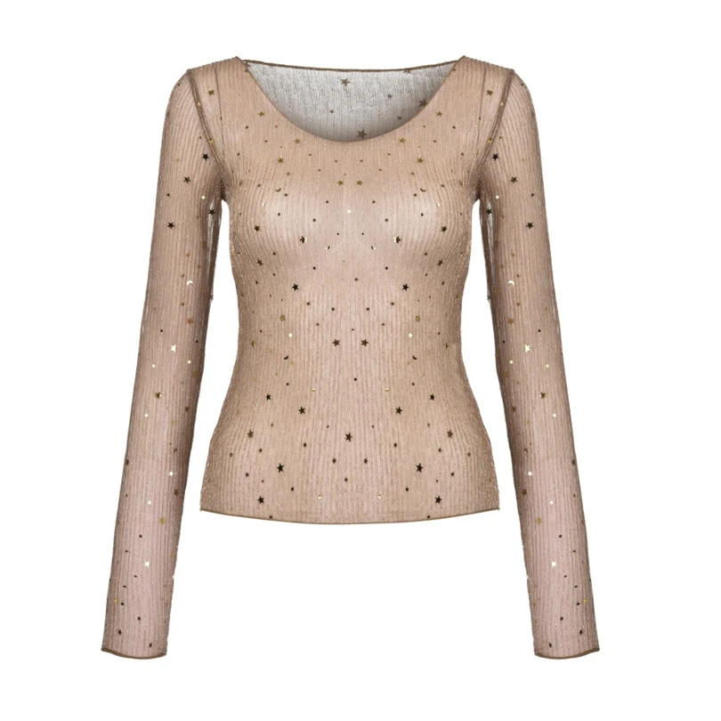 MIARHB модные женские туфли с длинным рукавом футболки Sexy Gold Star прозрачной сетки перспектива Свободные Топ уличные футболки пляжный топ A2