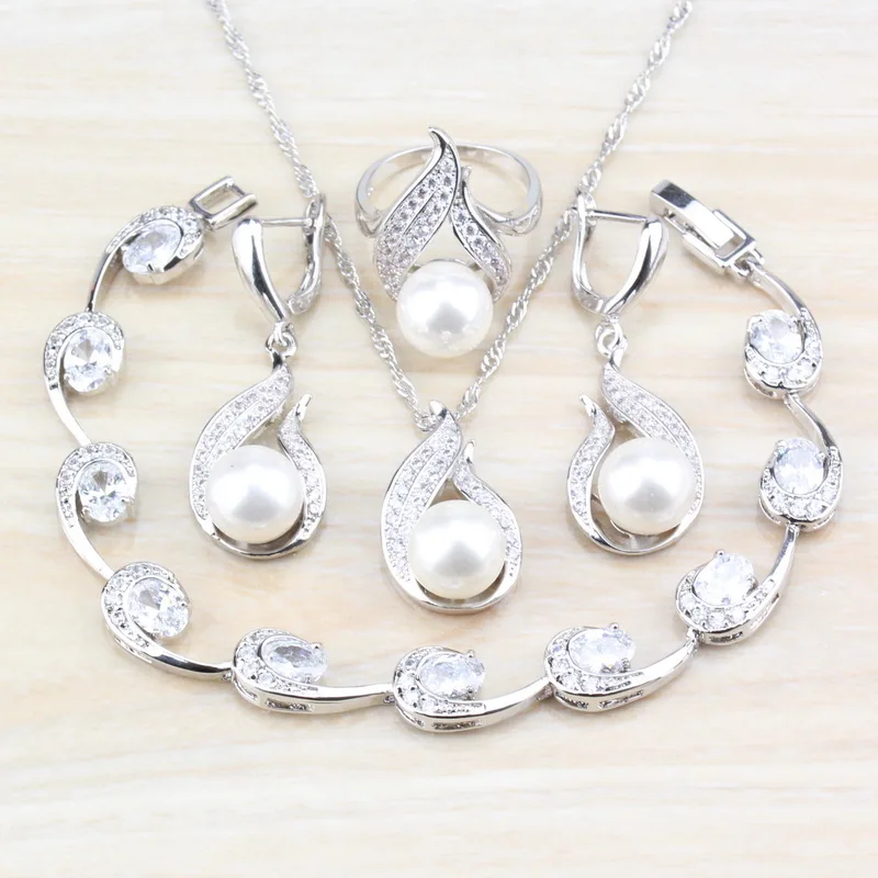 Настоящий натуральный пресноводный жемчуг CZ Белый Круглый Ювелирные наборы для