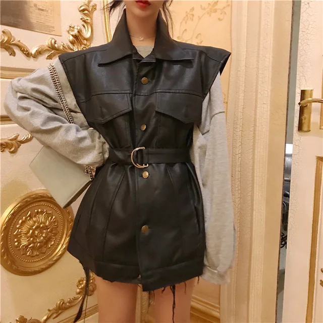 black Vest coat Осень зима ремень пряжка без рукавов Панк искусственная кожа жилет пальто Лолита готический черный Khachi карман слэш - Цвет: black Vest coat