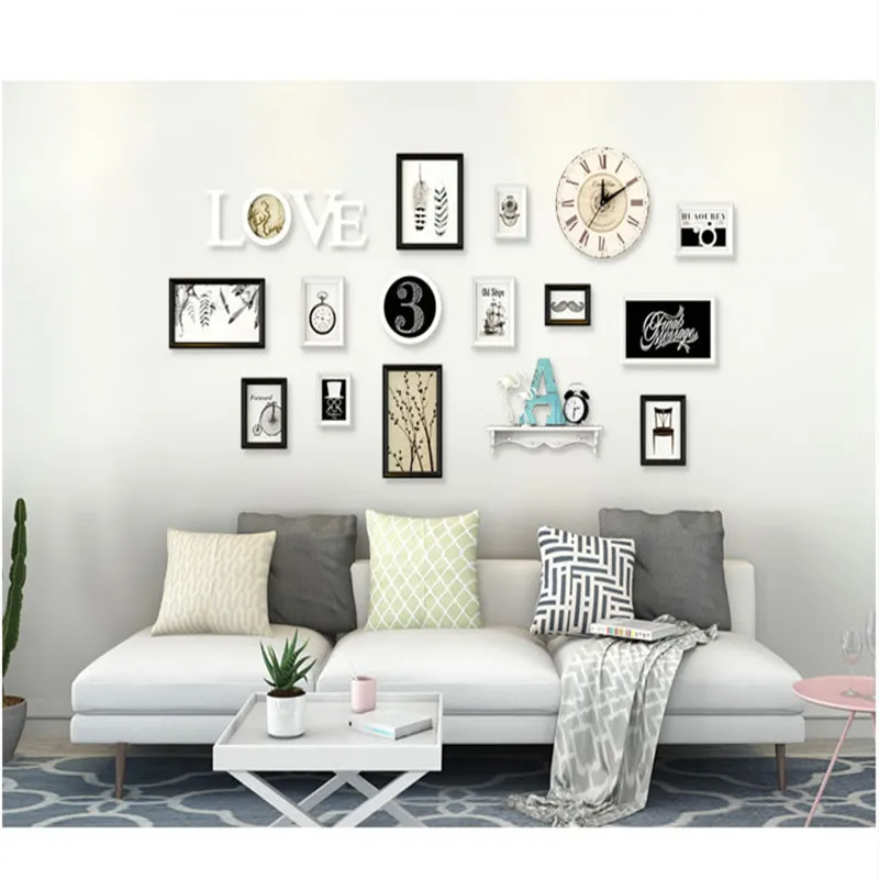 

13 Pieces/set Quality Solid Wood Frame Set With Clock Hanging Wall Picture Frame For Family Photo Home Decor Photo Frame Moldura