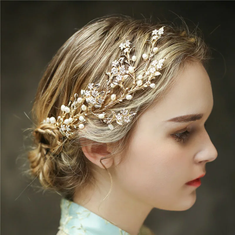 SLBRIDAL Золотые кристаллы стразы пресноводный жемчуг ветка цветок Свадебная Тиара