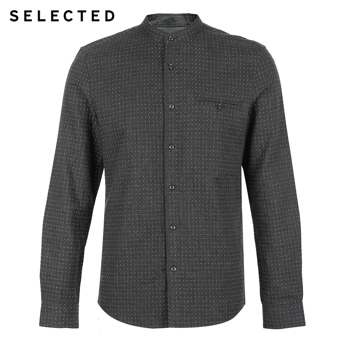 SELECTED Men's Cotton Slim Fit Stand-up Collar Polka Dots Long-sleeved Shirt S|418405544 | Мужская одежда