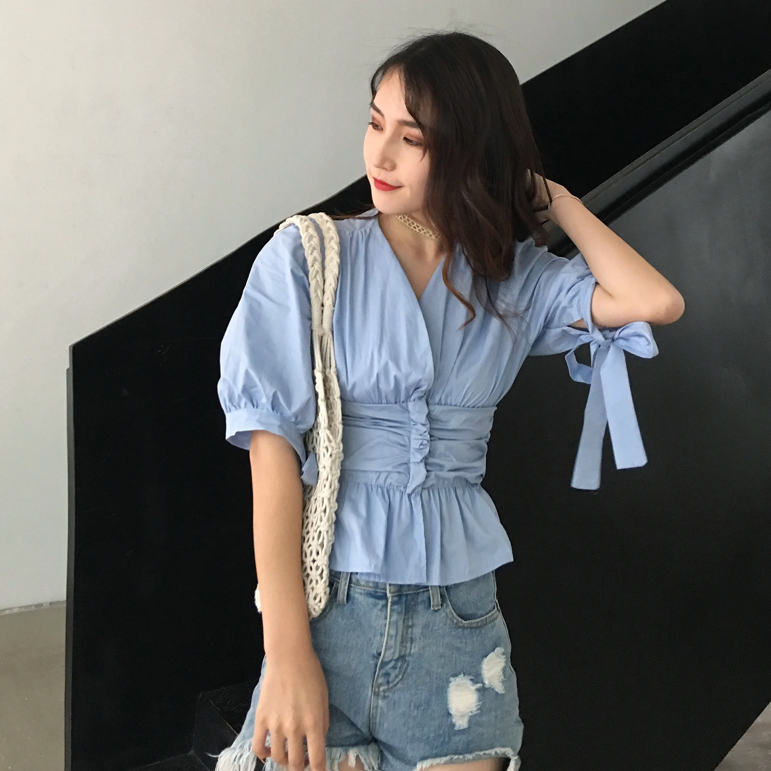 V-neck Blue Blouse Women Puff Sleeve Slim Vintage Korean Design Office Style Casual Shirt Temperament 2019 Summer Vogue |