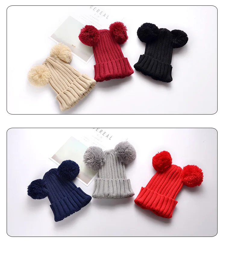 Winter Knitted Kids Hat  Cute Solid Beanie With Two Pompoms Ball Children Caps For Girls Boys Warm Soft CAP