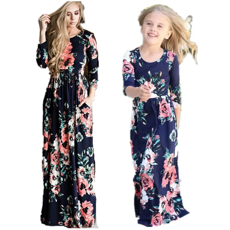 Mother Daughter Dress Long Sleeve Family Matching Outfits Mommy and Me Floral Maxi Dresses Match Beach D0906 | Мать и ребенок