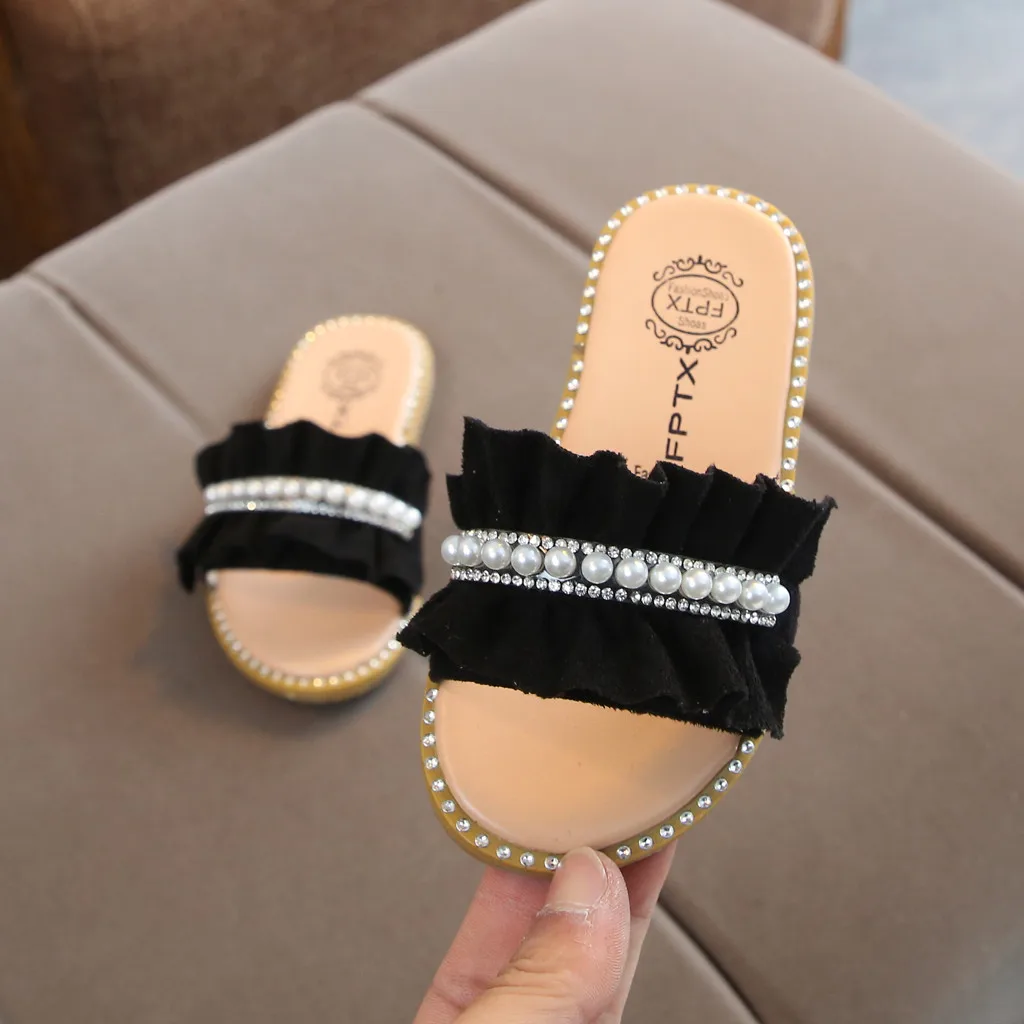 Kids Sandals Toddler Baby Girls Sandals Pearls Crystal Ruffles Princess Shoes Slippers Comfortable Casual Summer Shoes