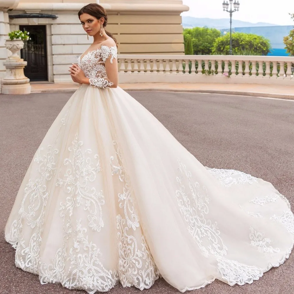 Gorgeous Wedding Gowns Long Sleeves Illusion Major Embroideries Chapel Train Tulle Bridal Gown Backless vestido de noiva sereia | Женская