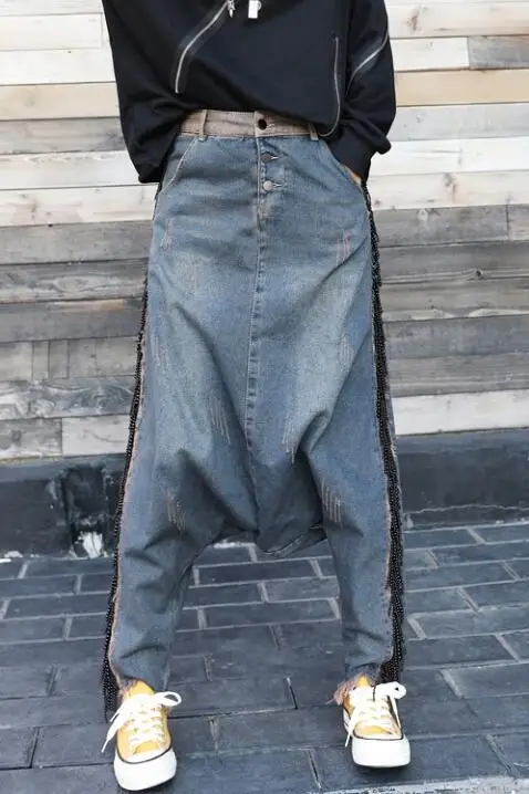 

Street fashion brand 2020 autumn heavy work hand beaded wash water hanging denim harem pants loose large size small ankle pants