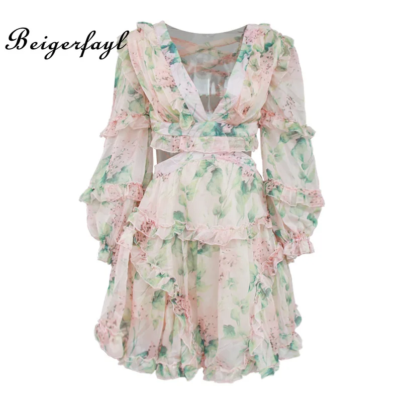 Beigerfayl Sexy Women Beach Elegant Dress Lantern Sleeves 2019 Bohemian Deep V Neck Long Sleeve Floral Print TDR15651 | Женская одежда