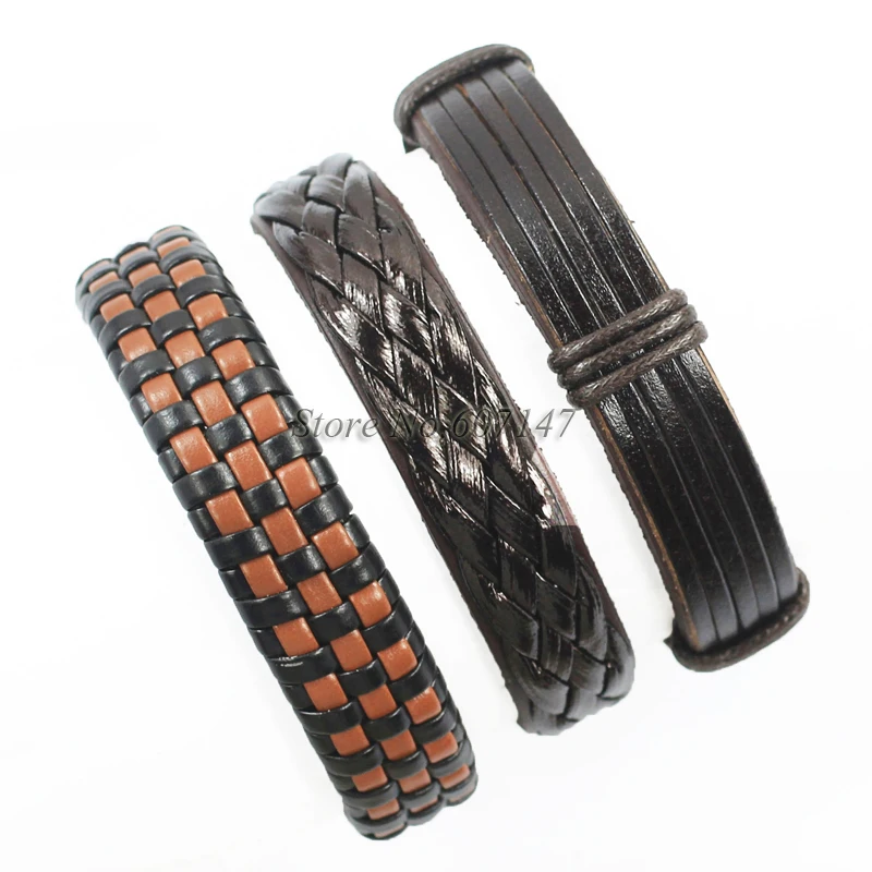 Оптовая продажа 3 шт настоящий Коричневый мужской браслет из натуральной кожи