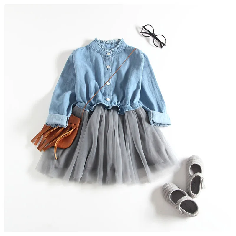 R&ampZ New 2018 Spring Autumn Baby Girl Dress Denim Mesh Patchwork Princess Long Sleeve Toddler Kids Dresses for Girls | Детская одежда