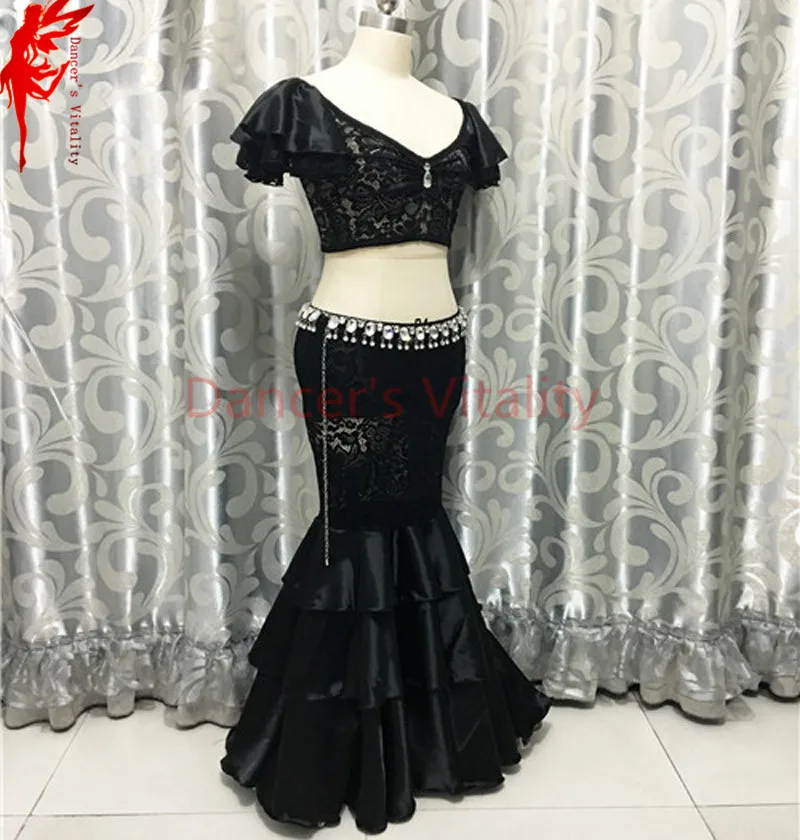 

Belly dance clothes gilrs lace brashort sleeves and fluf skirt 2pcs salsa dance clothing suit B/C cup ballroom latin dance set