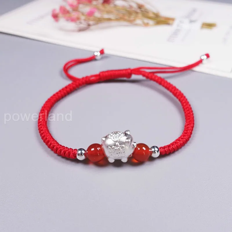 silver Новинка, браслет из серебра 999 пробы со Свинкой, красная Вощеная струна, ювелирные изделия зодиака ручной работы - Окраска металла: silver