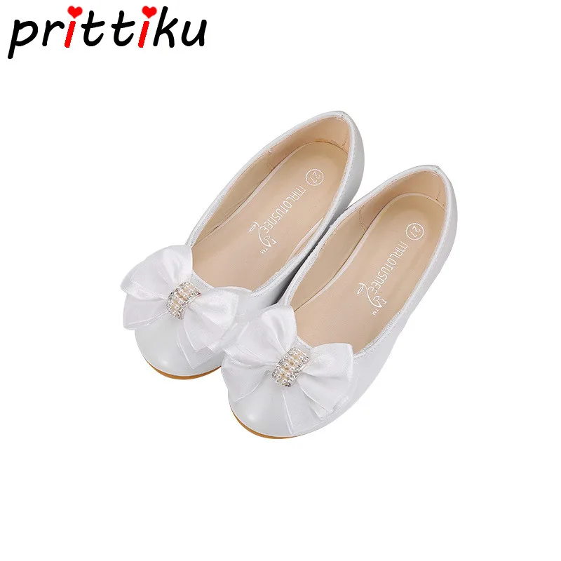 Туфли на плоской подошве для девочек с бантом и жемчугом|Кожаная обувь| |