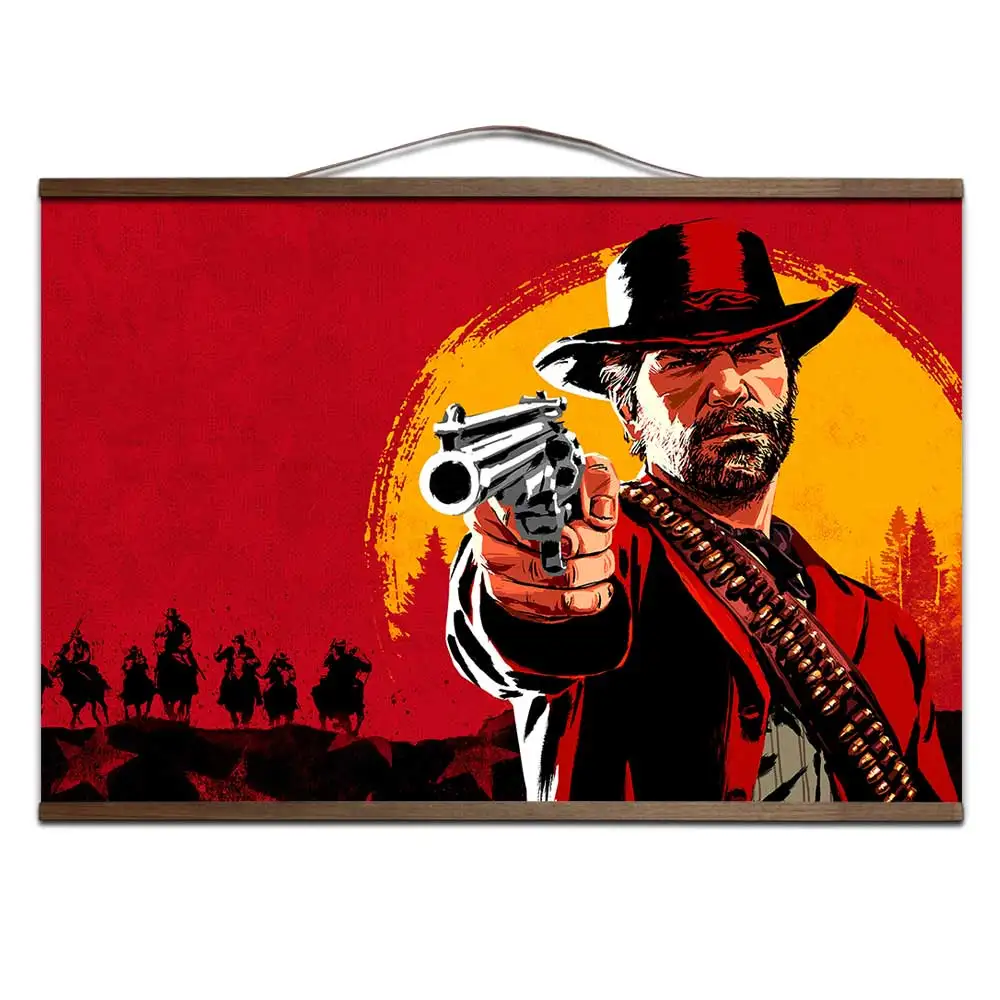 3 Красные изображения из фильма «Red Dead Redemption» 2 игры настенный расписной Холст плакат для домашний декор, плакаты с твердой деревянной подвеской прокрутки без рамки - Цвет: 3