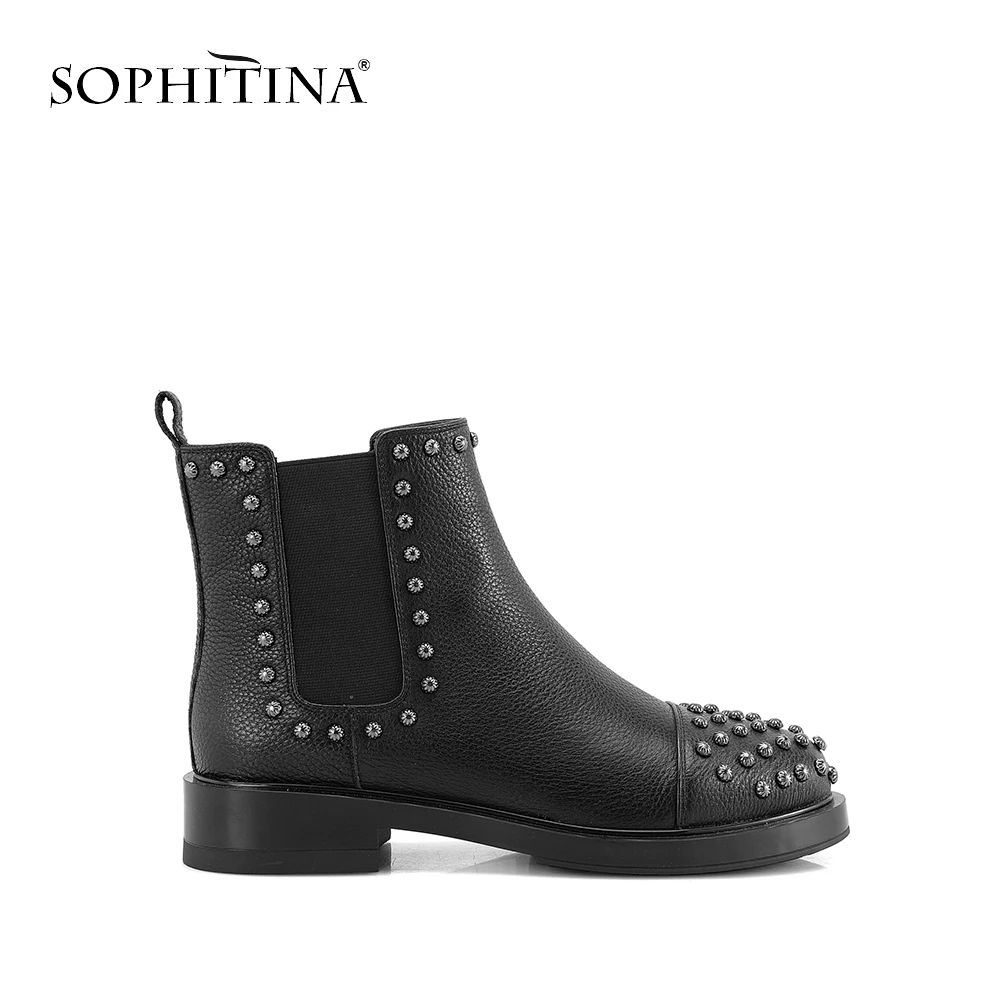 SOPHITINA/женские ботинки с заклепками; коллекция года; удобные ботинки «Челси» ручной работы с круглым носком; Высококачественная модная обувь на низком квадратном каблуке; M12