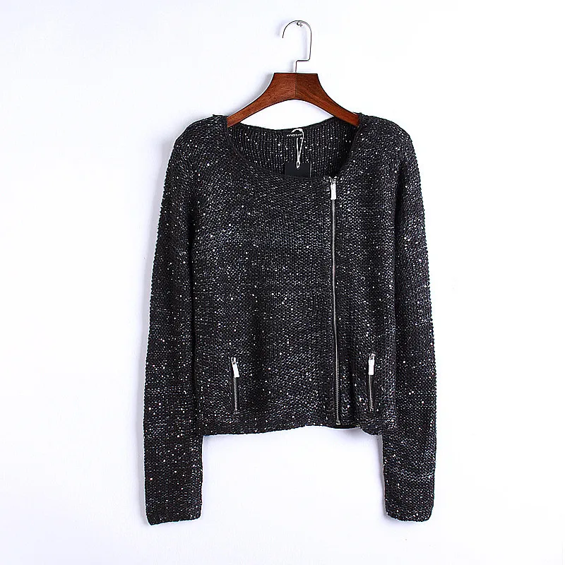 Big Sale~ sequin zipper knitted cardigans women sweaters female autumn winter Europe America fashion solid color Pullovers |