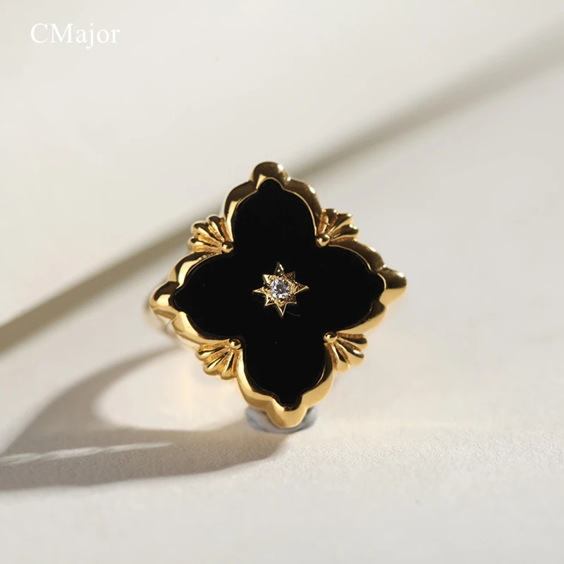 CMajor S925 серебряные ювелирные изделия квадратные черные четырехлистный клевер винтажные Модные кольца для женщин