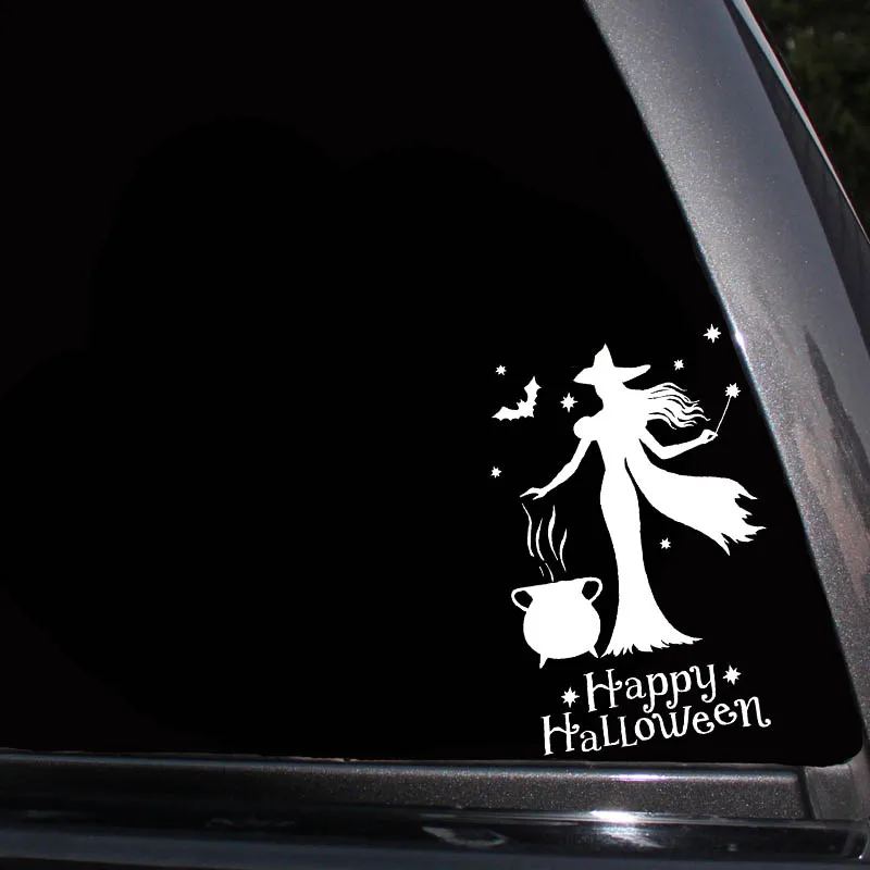 

YJZT 10.7*16.7CM Happy Halloween Witch Girl Fashion Cool Style Black/Silver Vinyl Decal Car Sticker Silhoutte Design C20-1007