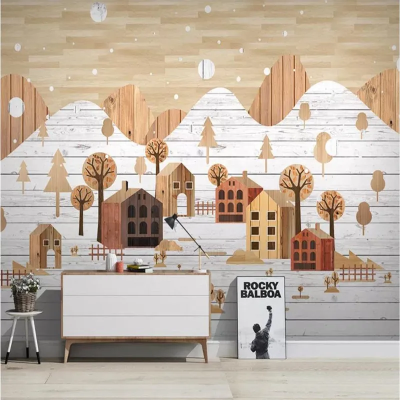 

Custom wallpaper Nordic winter landscape wood plank wood house wooden house TV background wall painting waterproof material