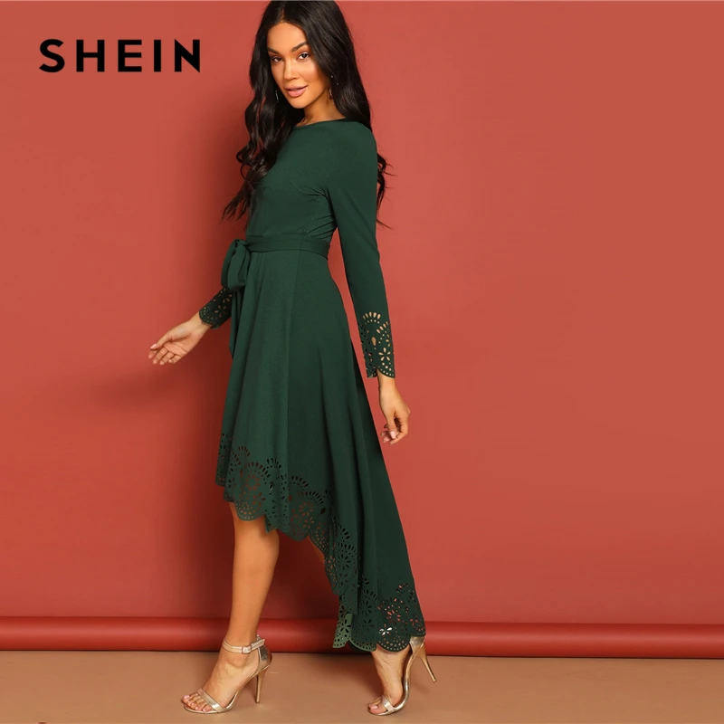 SHEIN Элегантное Платье С Поясом И Ажурным Низом Платье С Длинными Рукавами И Молнией