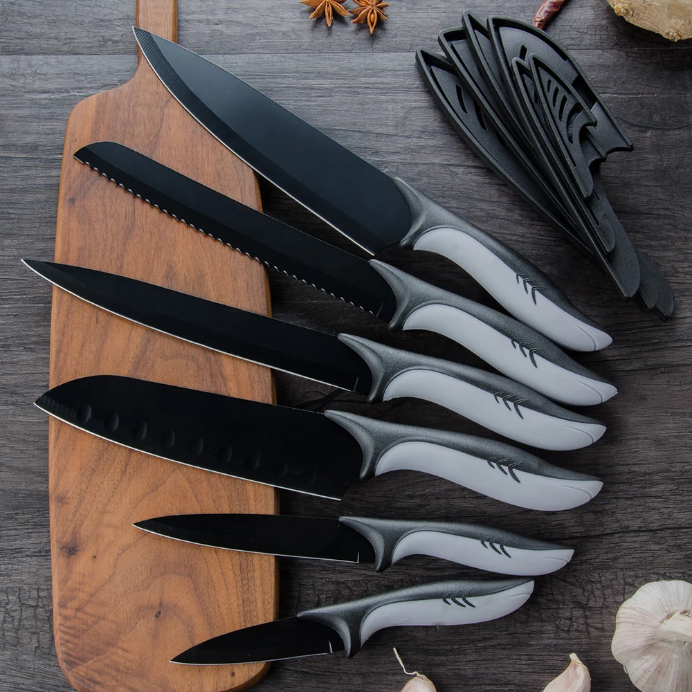 COOBNESS кухонные ножи, инструмент Santoku, нож шеф-повара, нож для очистки овощей, нож для нарезки хлеба, черное лезвие, нож из нержавеющей стали, для дома