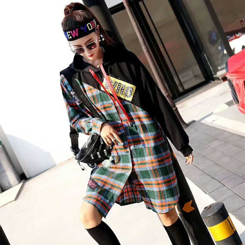 Для женщин Street Wear плед сращены длинные пуловеры плюс Размеры Повседневное