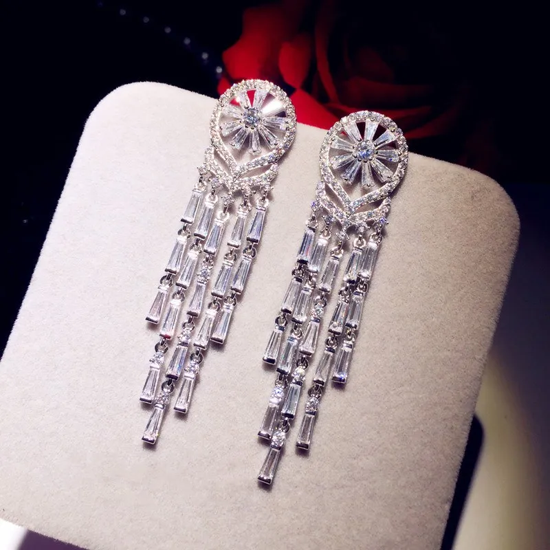 

Drop Earrings For Women Solid 925 Silver Circle Tassels Luxury Cubic Zirconia Long Brincos Wedding Engagement Bridal Accessories