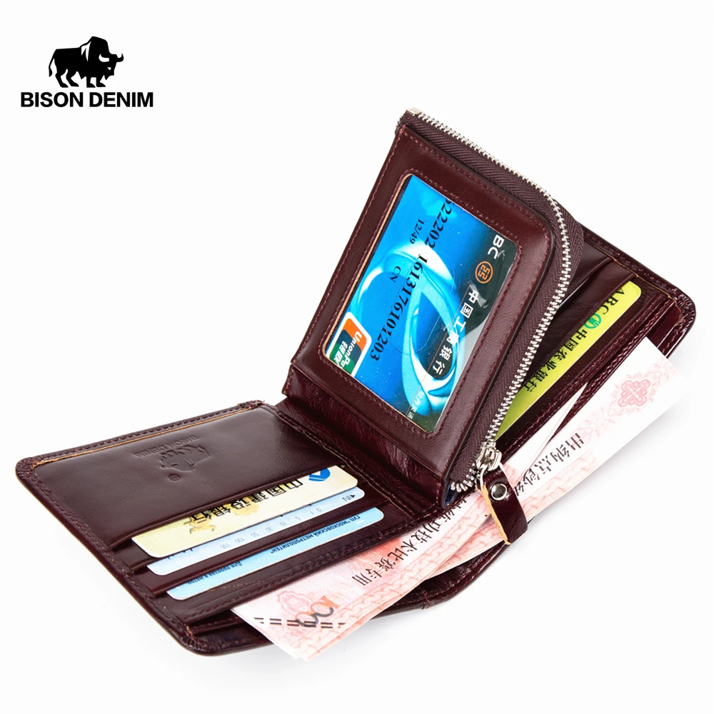 BISON DENIM мужской кошелек из натуральной кожи винтажные двойные мужские кошельки с