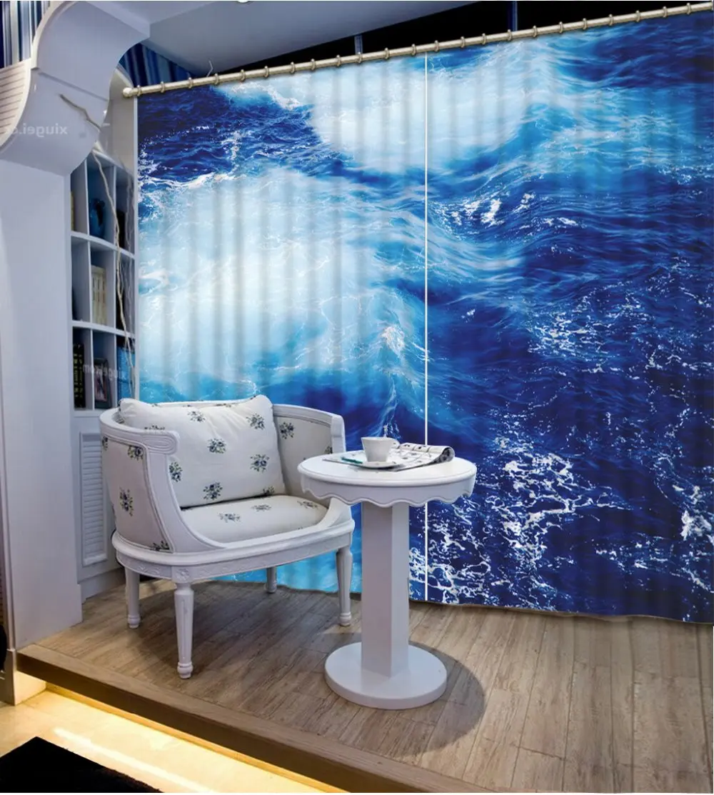 custom 3d stereoscopic curtains Blue sea water curtains for living room 3d photo blackout curtains window curtains