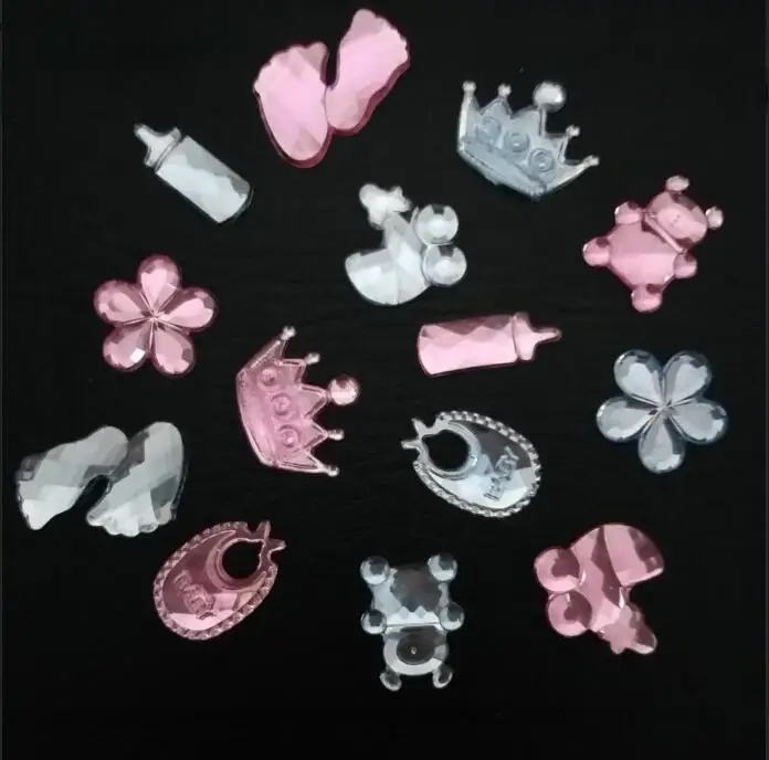 

Many Designs Milk Bottle/ Baby Bib/ Pram/Crown/Cross Acrylic Baby Shower Rhinestone For Boys & Girls Christening Party Gift Dec
