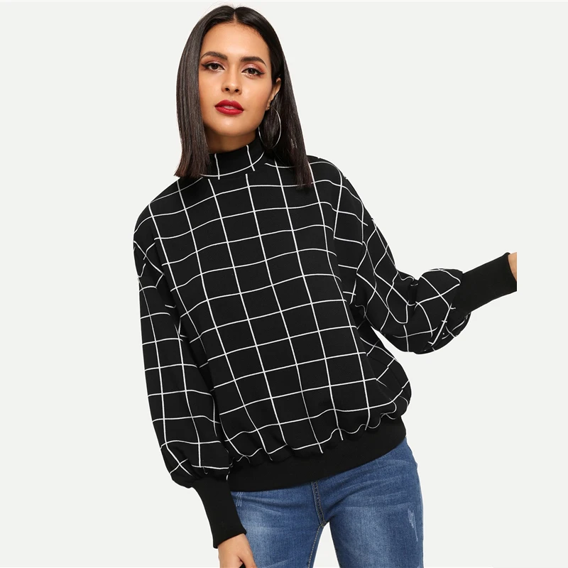 Dotfashion, черный и белый клетчатый пуловер с воротником-стойкой, женская одежда, осень, женская модная одежда, повседневная толстовка