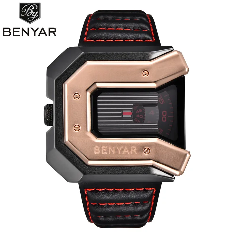BENYAR Брендовые Часы Reloj Hombre для мужчин модные водостойкие кожаные кварцевые часы спортивные Relogio Masculino erkek коль saati - Цвет: gold red