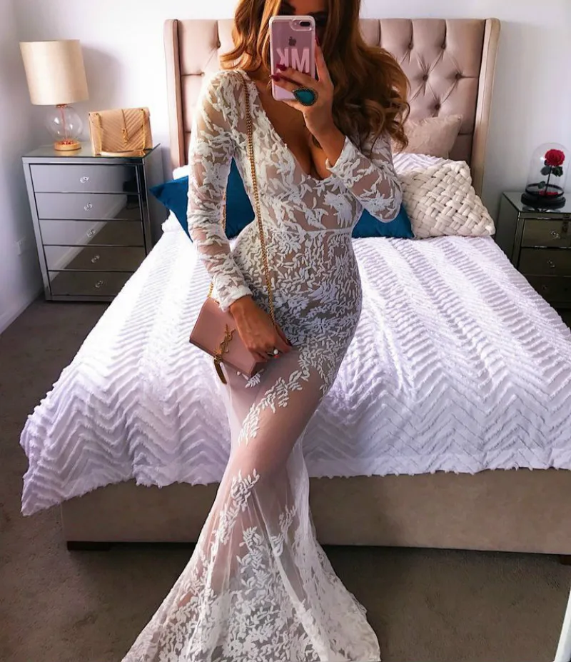 Women See Through Floral V Neck Lace Long Dress Sexy Evening Party Vestidos | Свадьбы и торжества