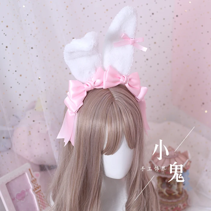Light pink Ручной работы ЯПОНСКИЙ мягкий диадема для девушки обруч для волос с большим бантом милый плюшевый милый кролик уши ободок для головы головной убор Лолиты - Цвет: Light pink